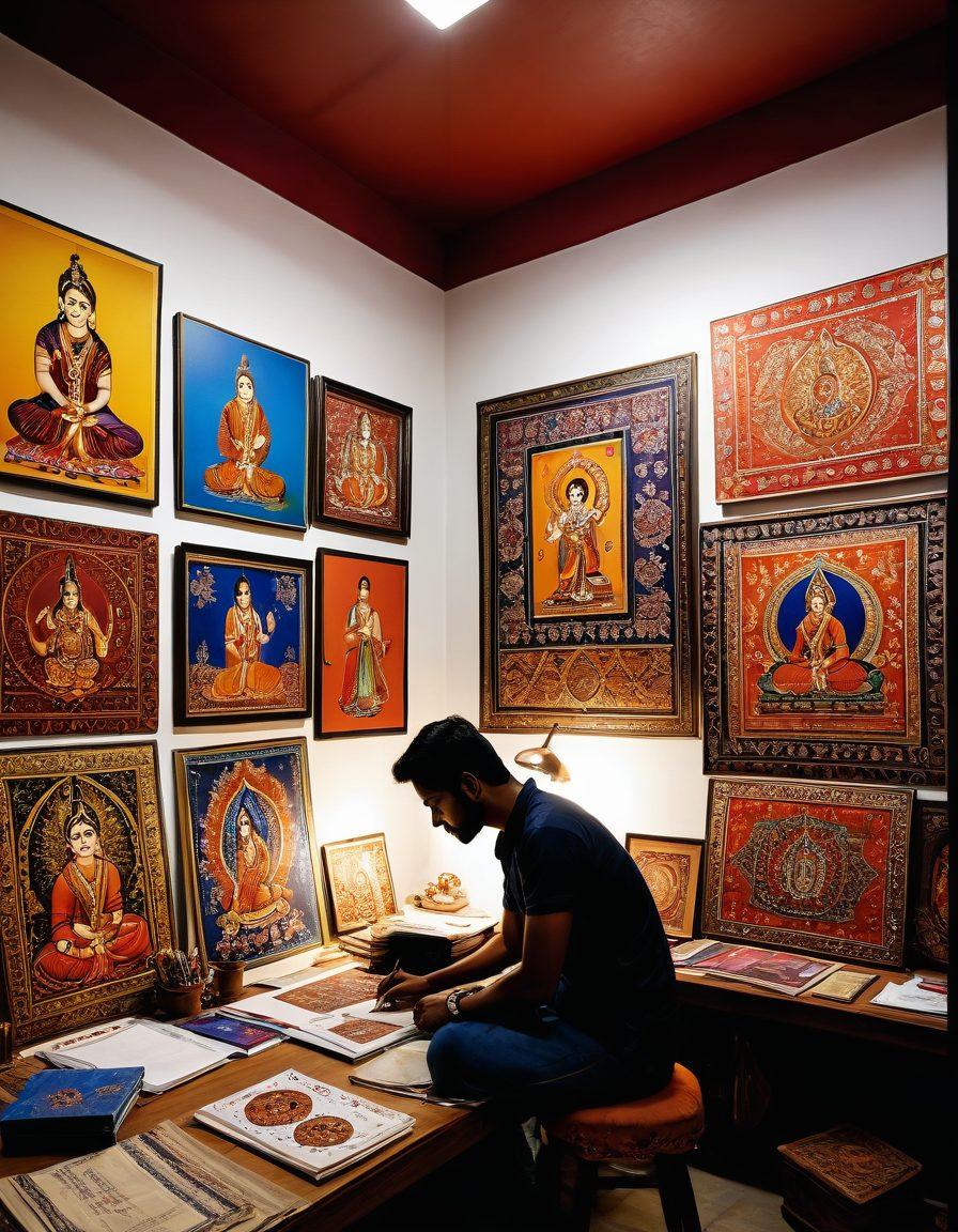 A vibrant art studio filled with colorful hentai art pieces showcasing intricate characters and themes blending traditional Bihar culture with modern adult entertainment. The walls are adorned with both paintings and digital screens, illustrating the fusion of these art forms. Include an artist passionately creating a new piece, with traditional Bihari elements like handwoven textiles in the background. Brightly lit with dynamic colors capturing the creative energy of the space. super-realistic. vibrant colors. contemporary art style.