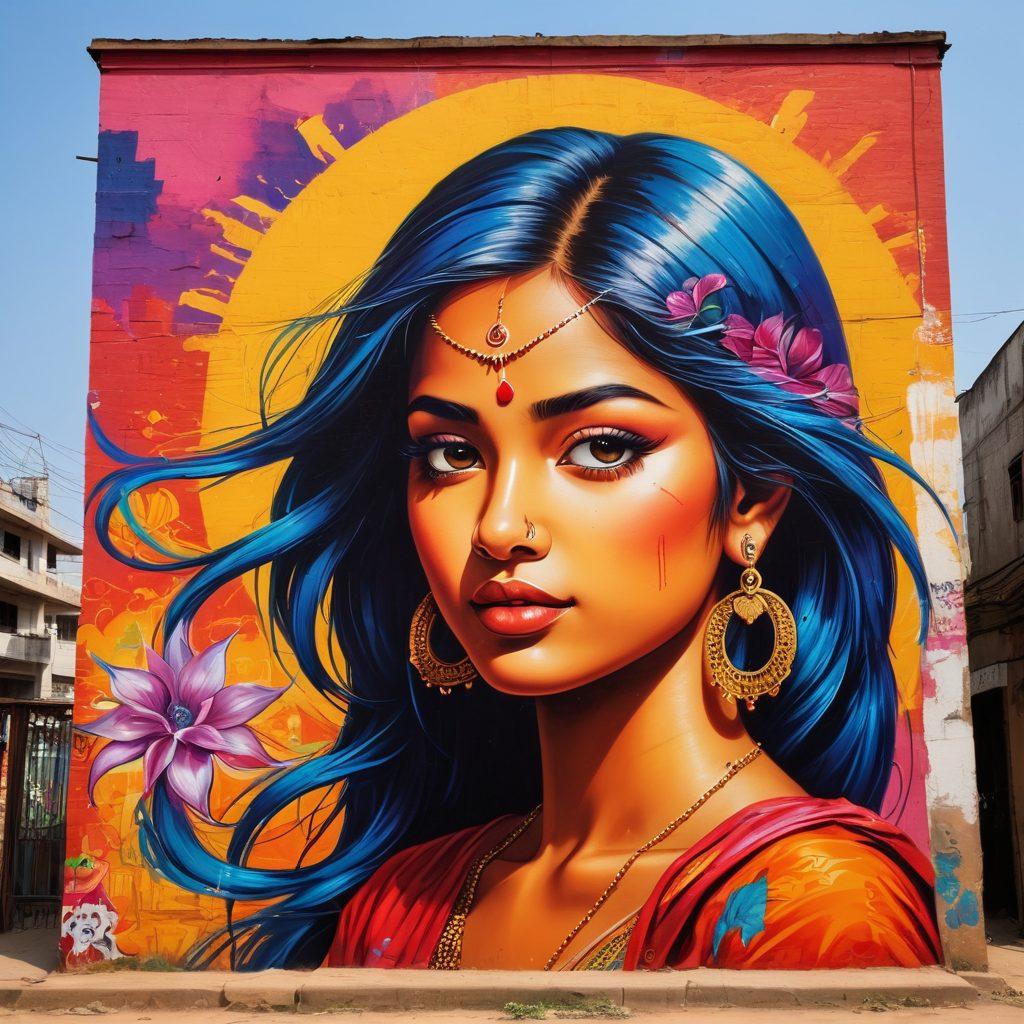 A vibrant art scene in Bihar, showcasing a fusion of traditional and modern hentai influences. Include young artists passionately painting large murals on city walls, surrounded by colorful art supplies and sketches. Highlight the blend of cultural elements with exciting characters from hentai art, while maintaining a respectful and artistic tone. Capture a lively atmosphere filled with creativity and mutual inspiration among the artists. surrealistic. bold colors. urban backdrop.