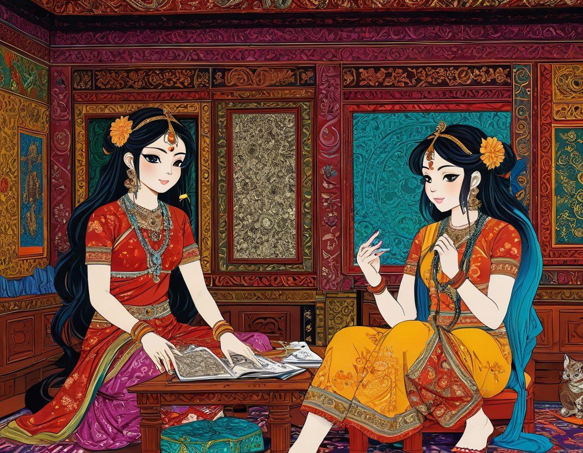A vibrant scene depicting a fusion of traditional Bihar art and modern hentai manga styles, showcasing characters engaged in playful interactions within a richly decorated setting inspired by Bihar's cultural motifs. Incorporate elements of adult-themed gaming, such as controllers and digital screens, blending them seamlessly with colorful, intricate patterns representing the state's heritage. The overall composition should evoke a sense of creativity and cultural dynamism. surreal art style. bright colors. detailed textures.